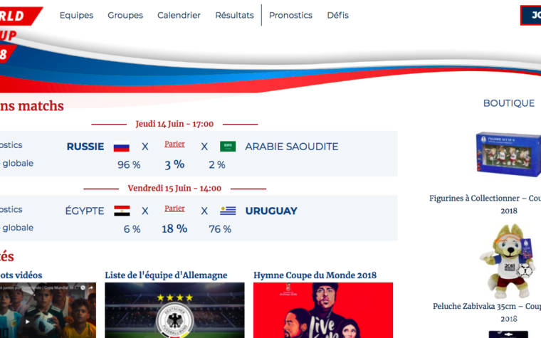 Page d'accueil du site eworldcup2018.com de pronostics de la Coupe du Monde 2018